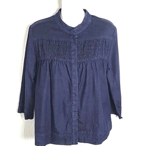 Motto Dark Wash Denim Top with Shirred Elastic, Hidden Snap Buttons, Size Small - Picture 2 of 11